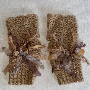 Artisan Hand Knit Tan Fingerless Gloves with Decorative Accents